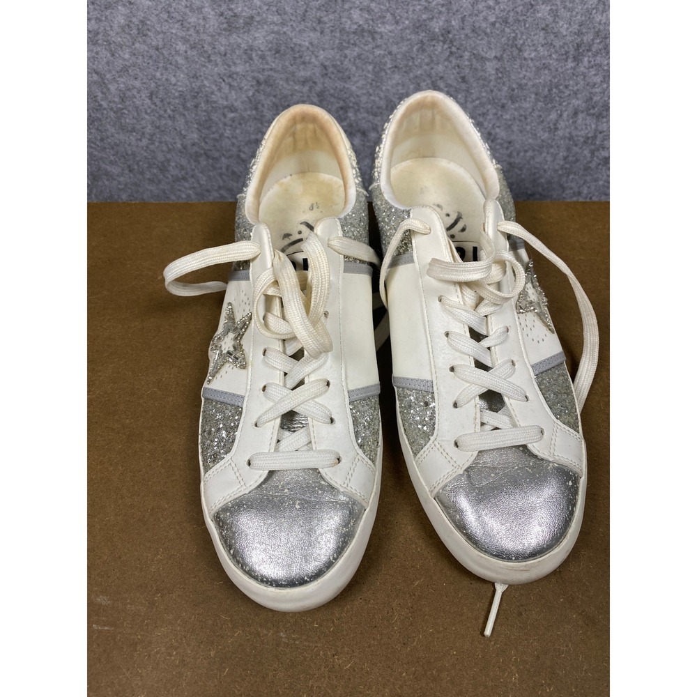 Sam & Libby Womens Glitter Star Sneakers White Silver Metallic Low Top 8.5
